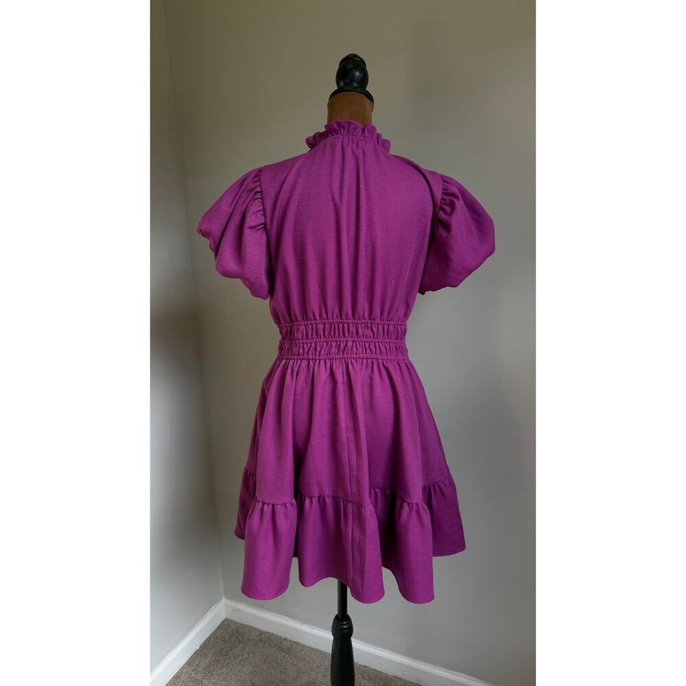 Entro Women’s Purple Puff Sleeve Smocked Mini Dress Size S Tiered V-Neck - Picture 8 of 11